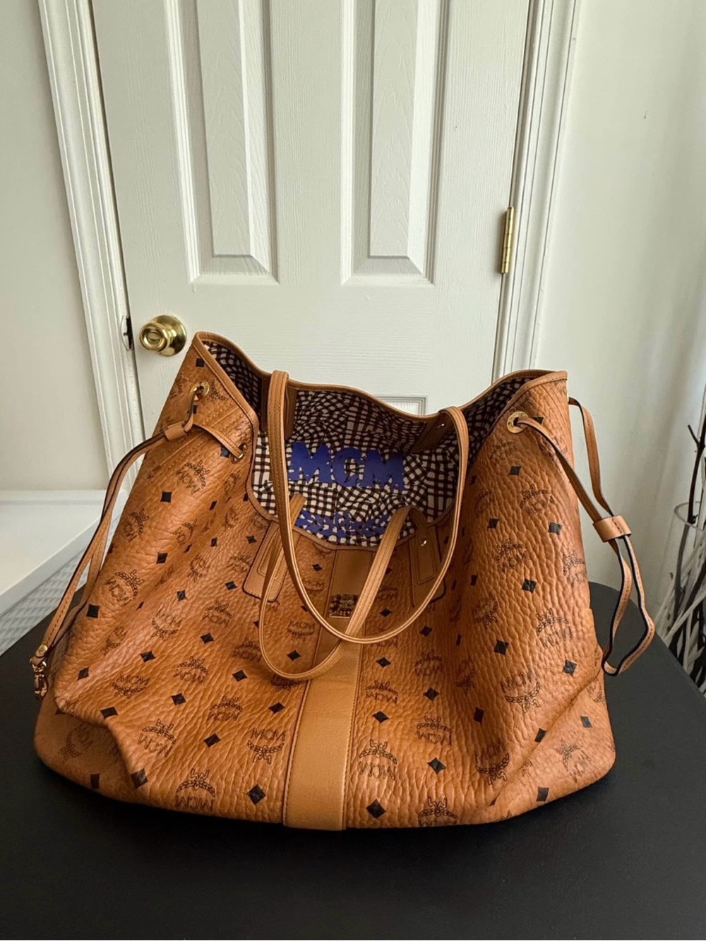 MCM Cognac Visetos Monogram Large Leather Tote